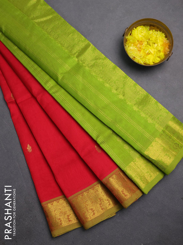 Silk cotton saree red and light green with zari woven buttas and zari woven border