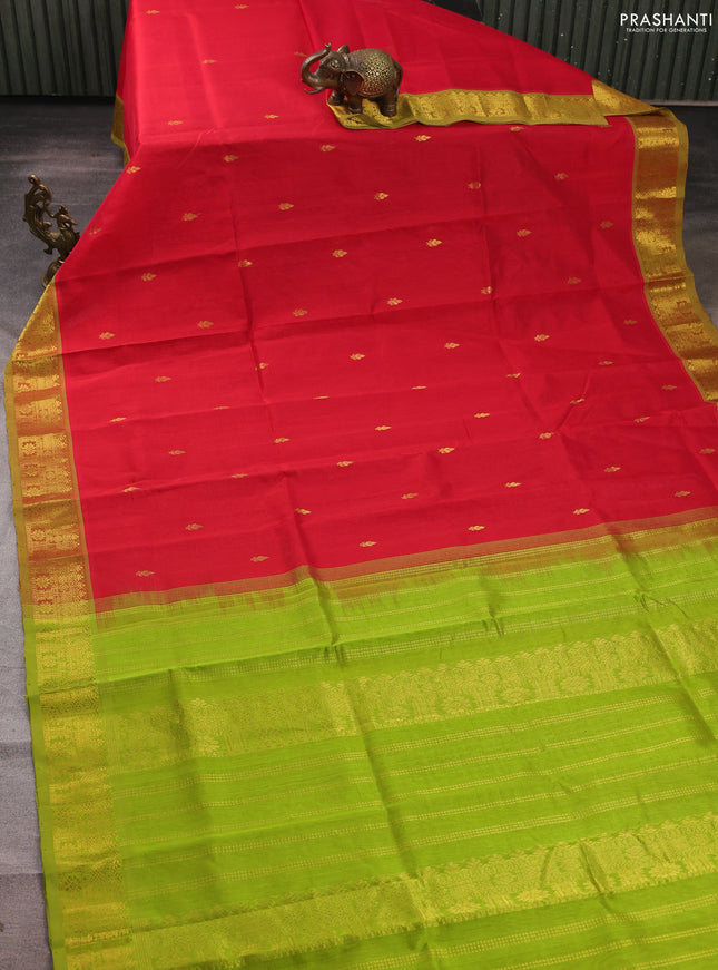 Silk cotton saree red and light green with zari woven buttas and zari woven border