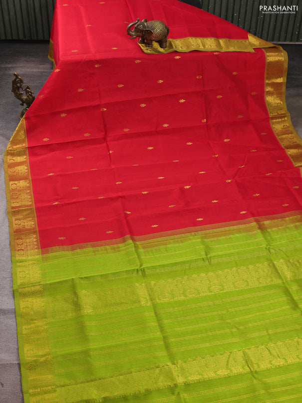 Silk cotton saree red and light green with zari woven buttas and zari woven border
