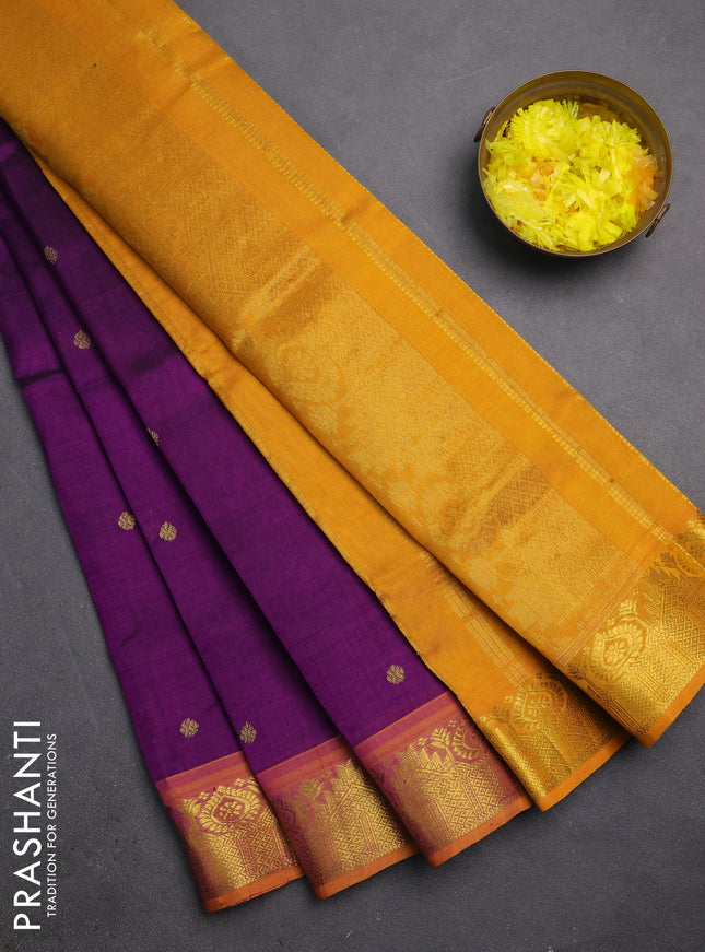 Silk cotton saree purple and mustard yellow with zari woven buttas and zari woven border