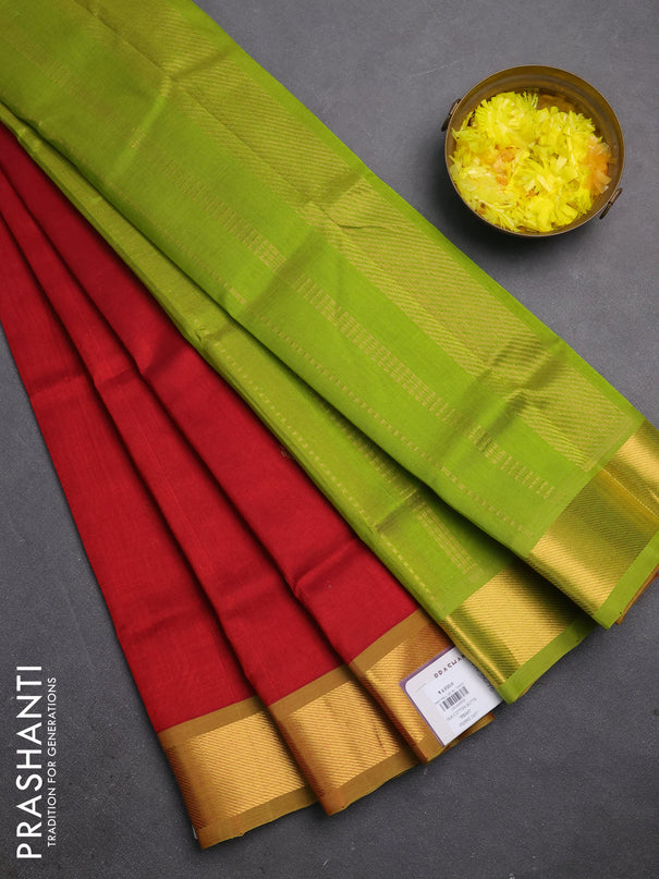 Silk cotton saree red and light green with zari woven buttas and zari woven border