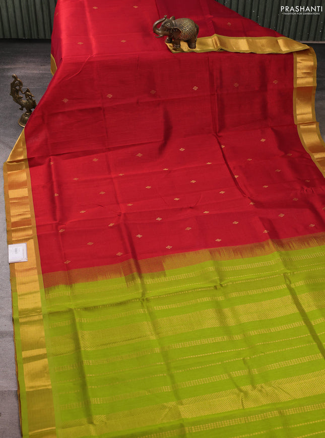 Silk cotton saree red and light green with zari woven buttas and zari woven border