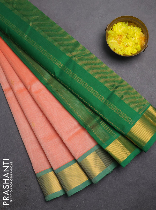 Silk cotton saree peach orange and green with zari woven buttas and zari woven border