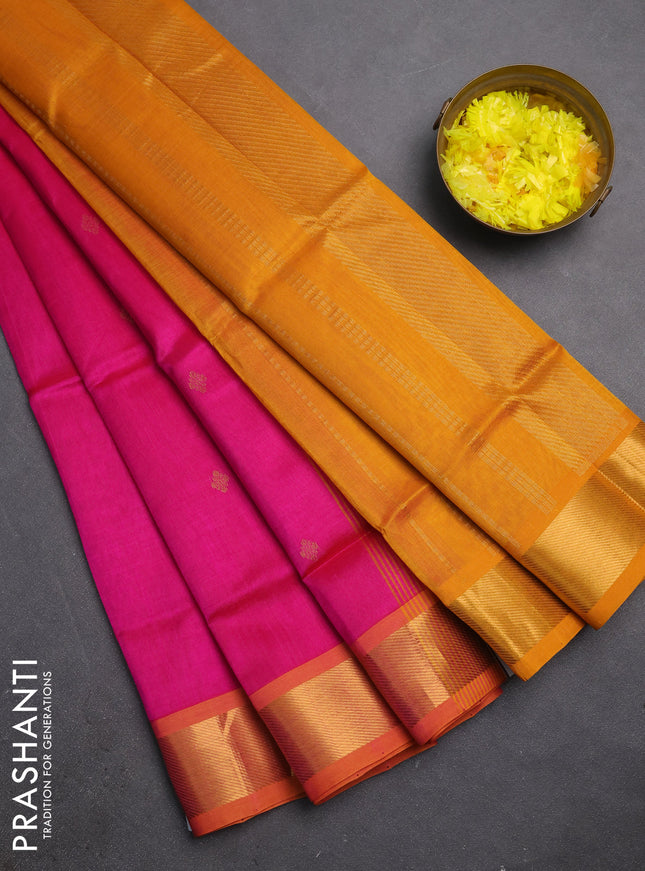 Silk cotton saree pink and mango yellow with zari woven buttas and zari woven border