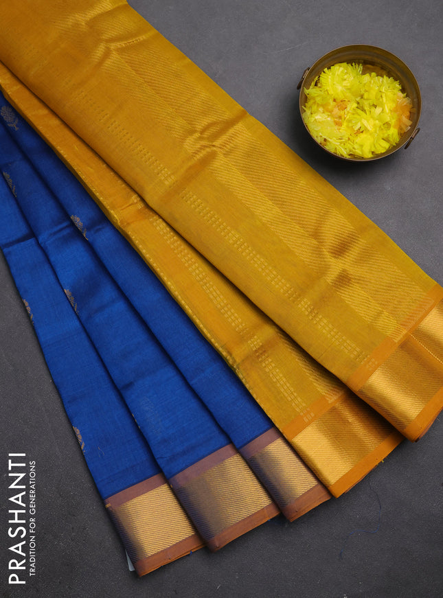 Silk cotton saree cs blue and mustard yellow with zari woven buttas and zari woven border