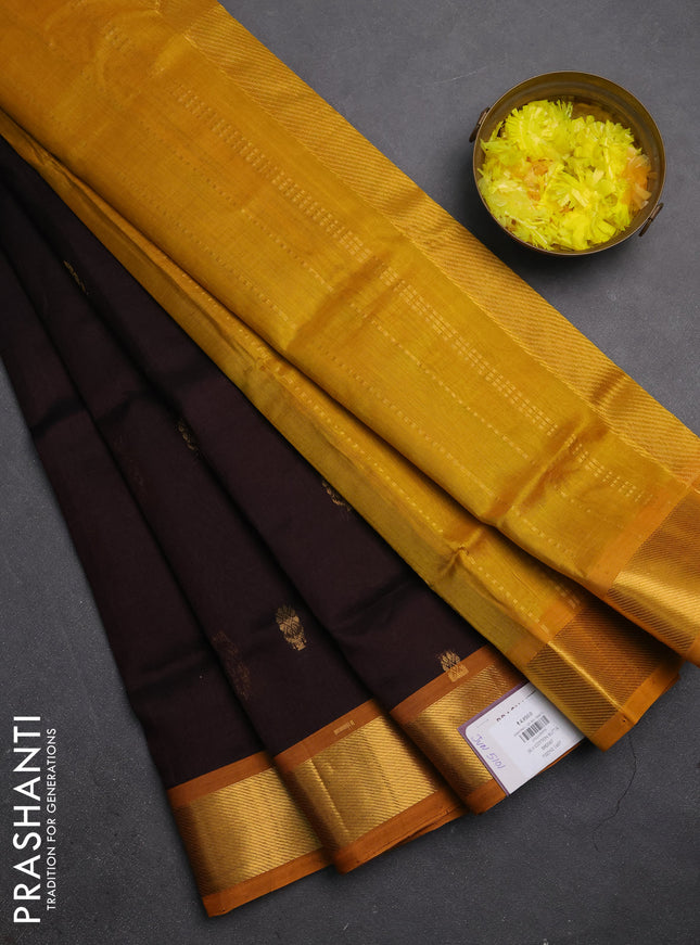 Silk cotton saree coffee brown and mustard yellow with zari woven buttas and zari woven border