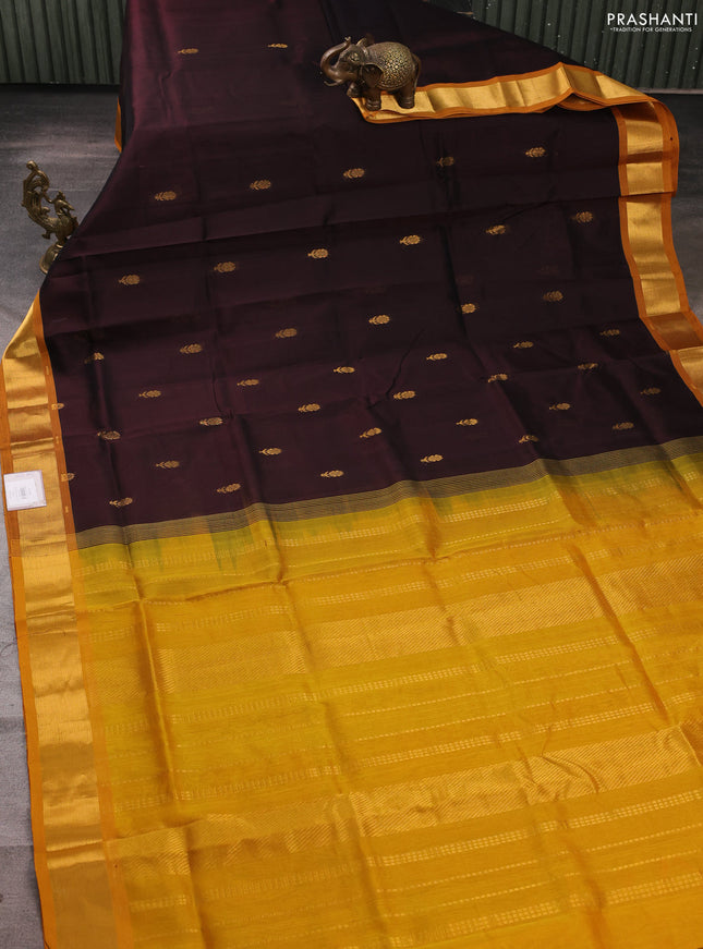 Silk cotton saree coffee brown and mustard yellow with zari woven buttas and zari woven border