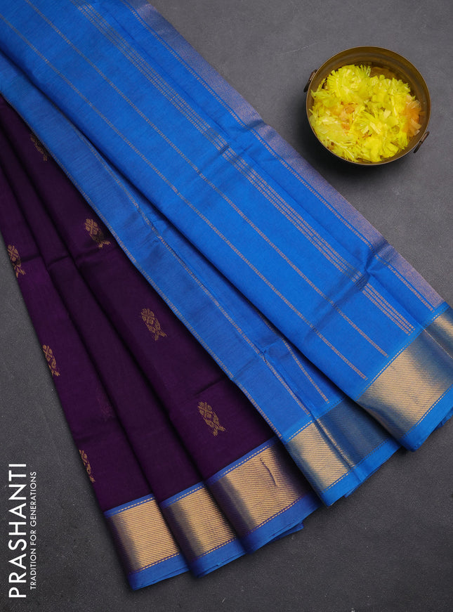 Silk cotton saree purple and cs blue with zari woven buttas and zari woven border
