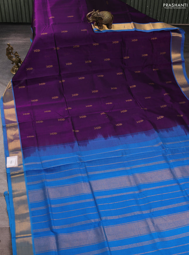 Silk cotton saree purple and cs blue with zari woven buttas and zari woven border