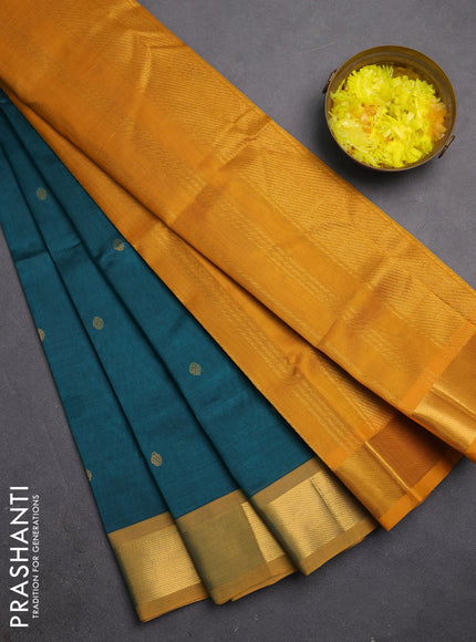 Silk cotton saree peacock green and mango yellow with zari woven buttas and zari woven border