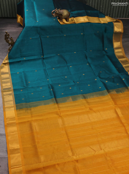 Silk cotton saree peacock green and mango yellow with zari woven buttas and zari woven border