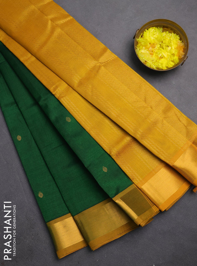 Silk cotton saree green and mustard yellow with zari woven buttas and zari woven border