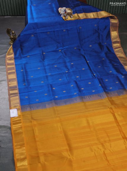 Silk cotton saree peacock blue and mustard yellow with zari woven buttas and zari woven border