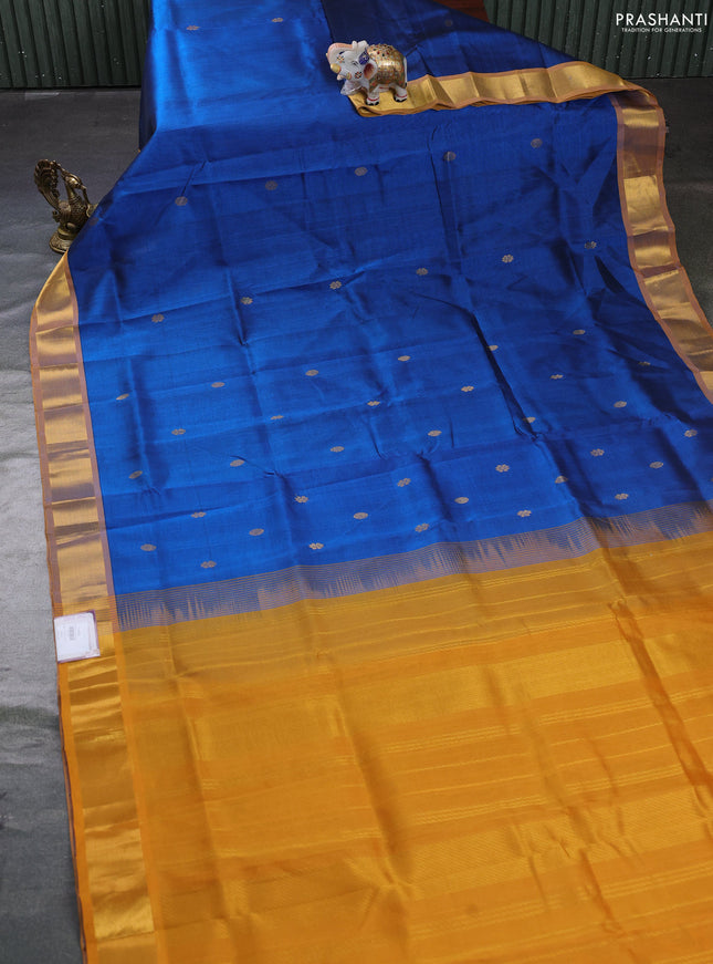 Silk cotton saree peacock blue and mustard yellow with zari woven buttas and zari woven border