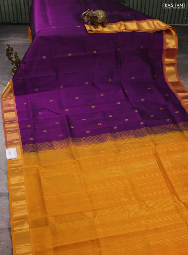Silk cotton saree purple and dark mustard with zari woven buttas and zari woven border