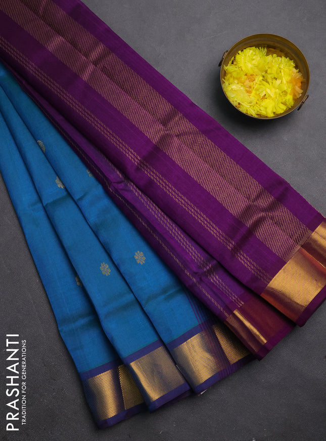 Silk cotton saree dual shade of blue and purple with zari woven buttas and zari woven border