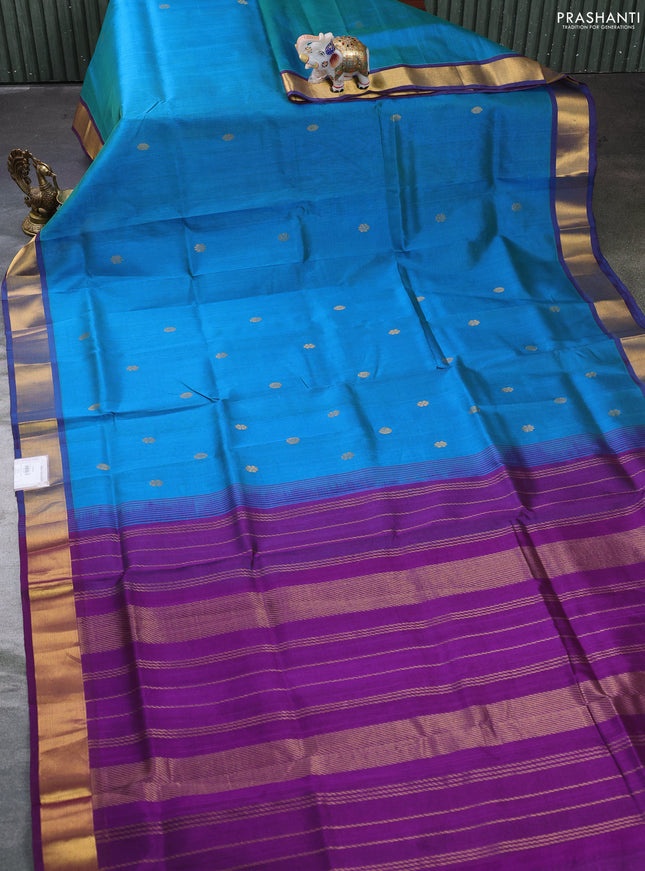 Silk cotton saree dual shade of blue and purple with zari woven buttas and zari woven border