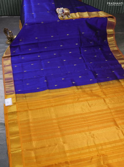 Silk cotton saree ble and mango yellow with zari woven buttas and zari woven border