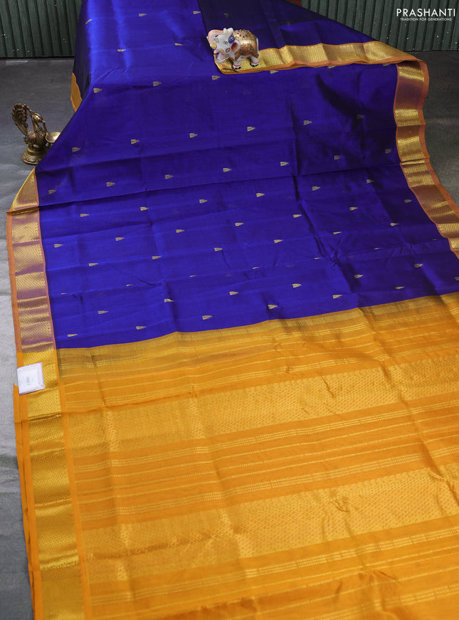 Silk cotton saree ble and mango yellow with zari woven buttas and zari woven border