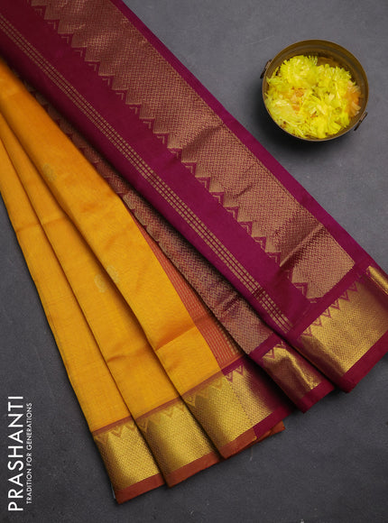 Silk cotton saree mango yellow and dark magenta pink with zari woven buttas and zari woven border