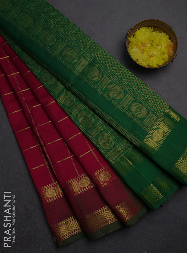 Silk cotton saree kumkum red and green with allover zari checked pattern and rettapet zari woven border