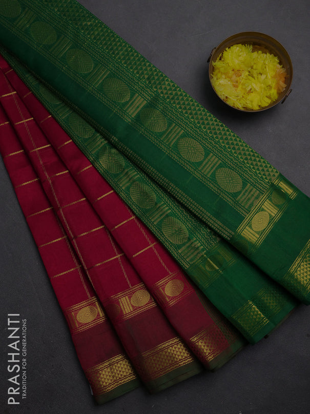 Silk cotton saree kumkum red and green with allover zari checked pattern and rettapet zari woven border