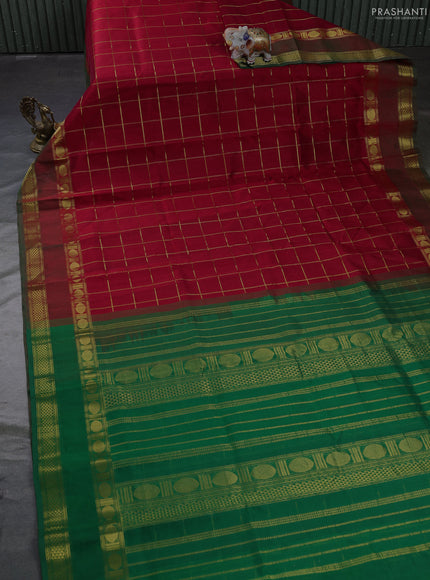 Silk cotton saree kumkum red and green with allover zari checked pattern and rettapet zari woven border
