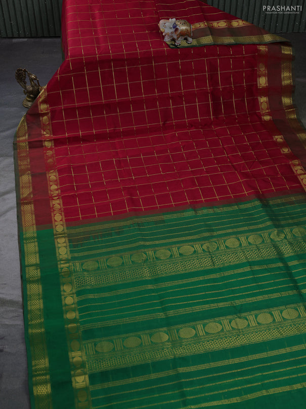 Silk cotton saree kumkum red and green with allover zari checked pattern and rettapet zari woven border