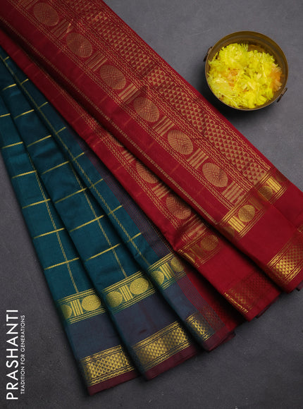 Silk cotton saree peacock green and maroon with allover zari checked pattern and rettapet zari woven border