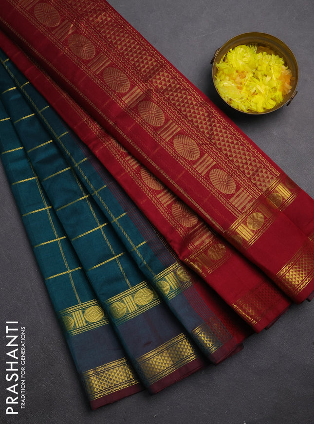 Silk cotton saree peacock green and maroon with allover zari checked pattern and rettapet zari woven border