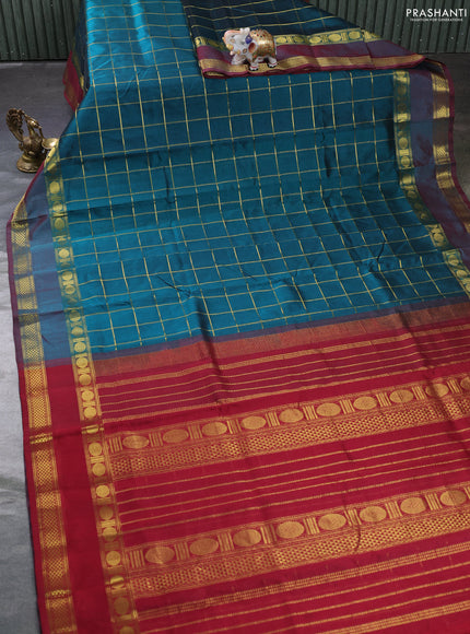 Silk cotton saree peacock green and maroon with allover zari checked pattern and rettapet zari woven border