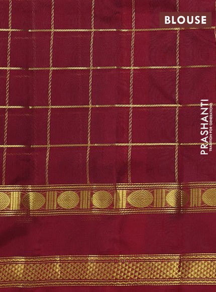 Silk cotton saree peacock green and maroon with allover zari checked pattern and rettapet zari woven border