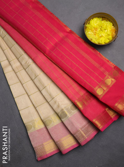 Silk cotton saree sandal and pink with allover zari checked pattern and rettapet zari woven border