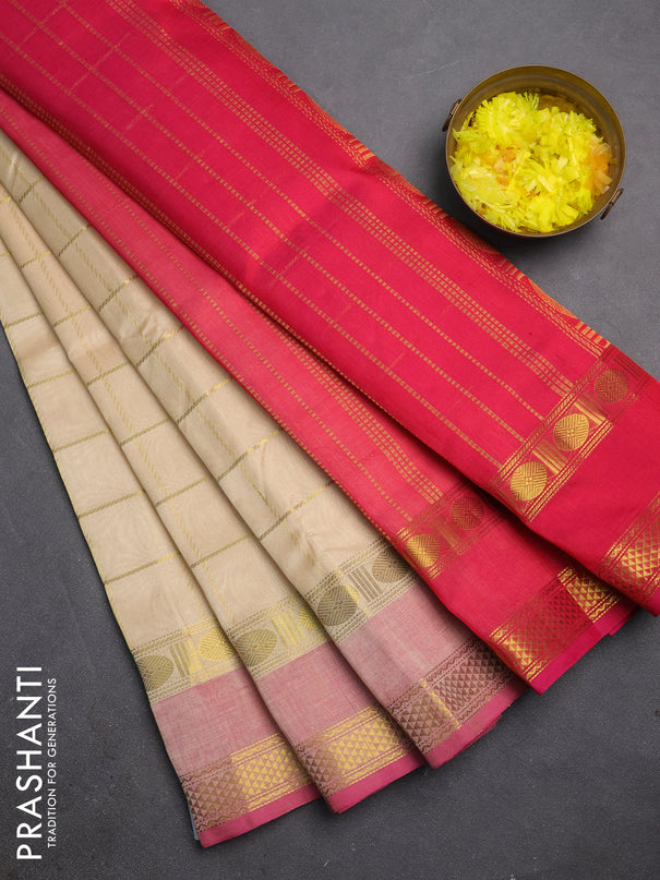 Silk cotton saree sandal and pink with allover zari checked pattern and rettapet zari woven border