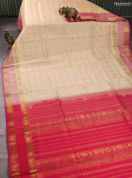 Silk cotton saree sandal and pink with allover zari checked pattern and rettapet zari woven border