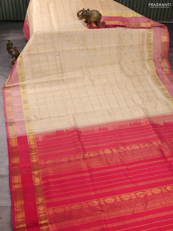 Silk cotton saree sandal and pink with allover zari checked pattern and rettapet zari woven border