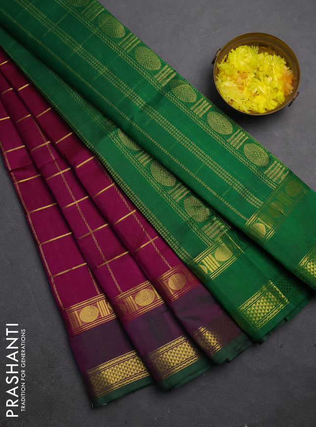Silk cotton saree purple and green with allover zari checked pattern and rettapet zari woven border