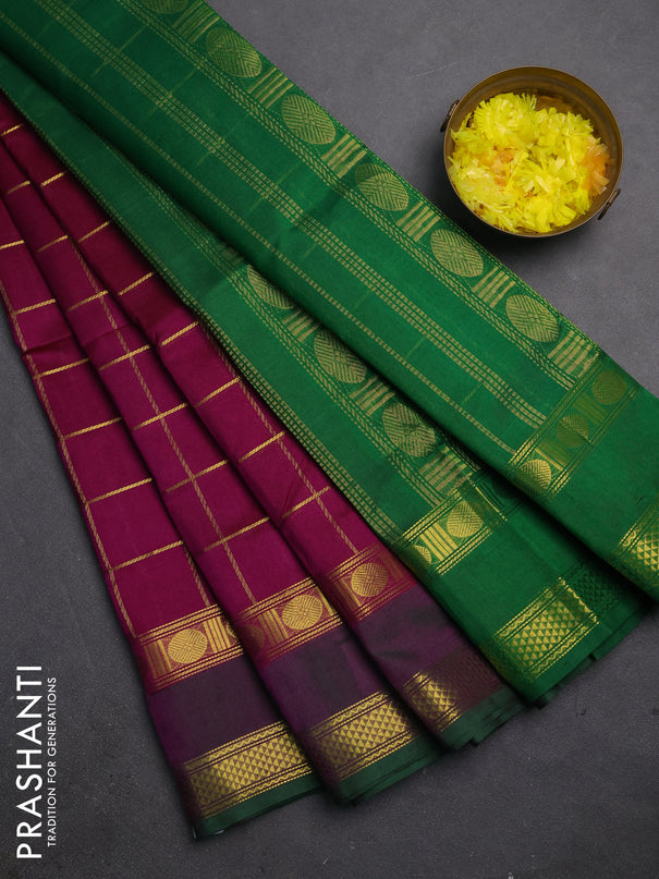 Silk cotton saree purple and green with allover zari checked pattern and rettapet zari woven border