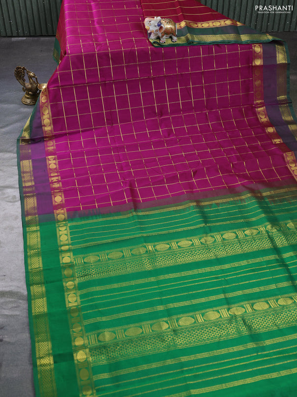 Silk cotton saree purple and green with allover zari checked pattern and rettapet zari woven border