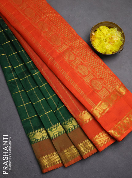 Silk cotton saree green and orange with allover zari checked pattern and rettapet zari woven border