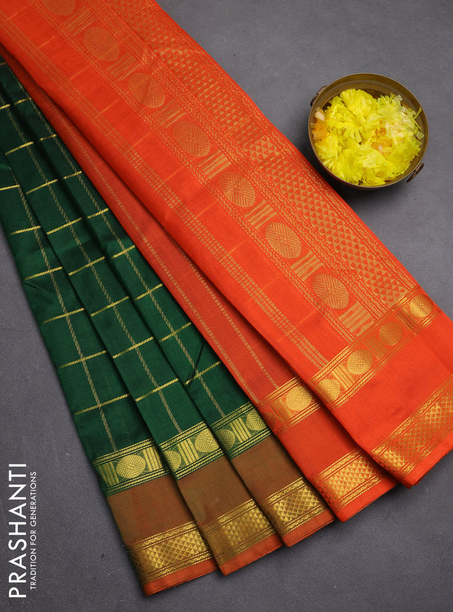 Silk cotton saree green and orange with allover zari checked pattern and rettapet zari woven border