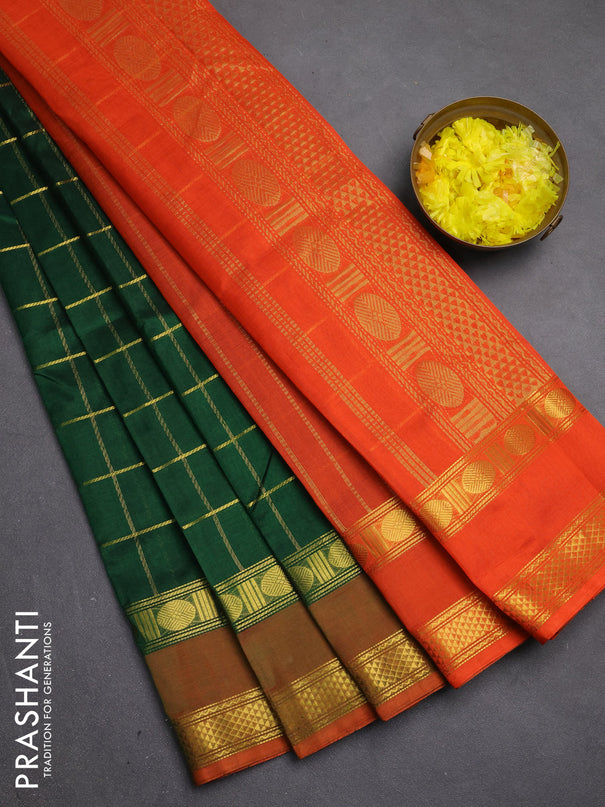 Silk cotton saree green and orange with allover zari checked pattern and rettapet zari woven border