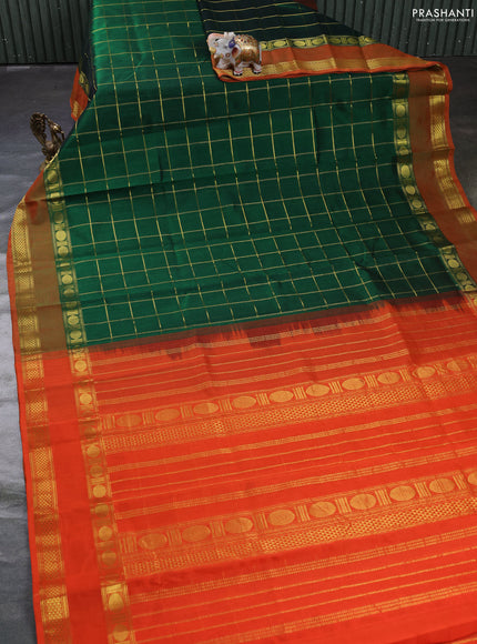 Silk cotton saree green and orange with allover zari checked pattern and rettapet zari woven border