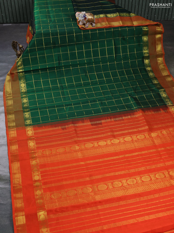 Silk cotton saree green and orange with allover zari checked pattern and rettapet zari woven border