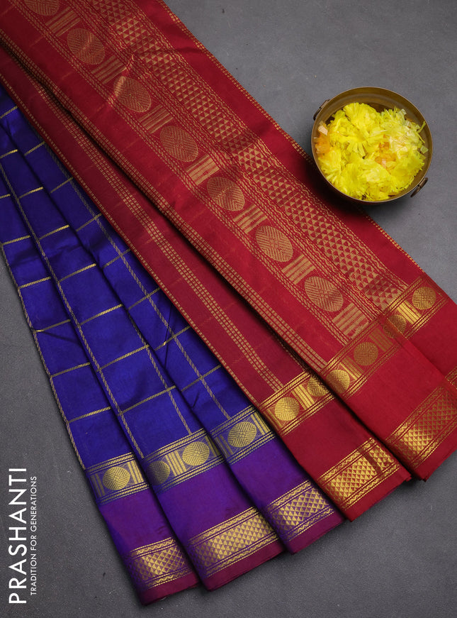 Silk cotton saree blue and maroon with allover zari checked pattern and rettapet zari woven border
