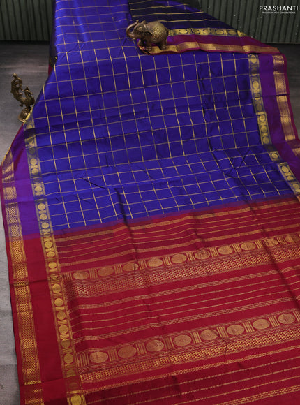 Silk cotton saree blue and maroon with allover zari checked pattern and rettapet zari woven border