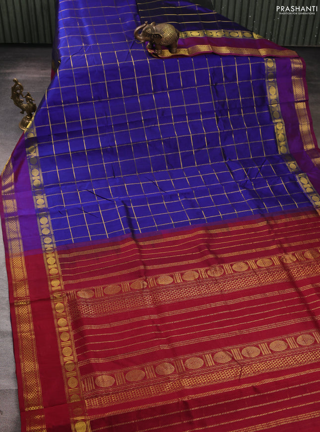 Silk cotton saree blue and maroon with allover zari checked pattern and rettapet zari woven border