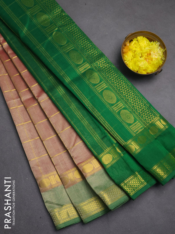 Silk cotton saree pastel brown shade and green with allover zari checked pattern and rettapet zari woven border