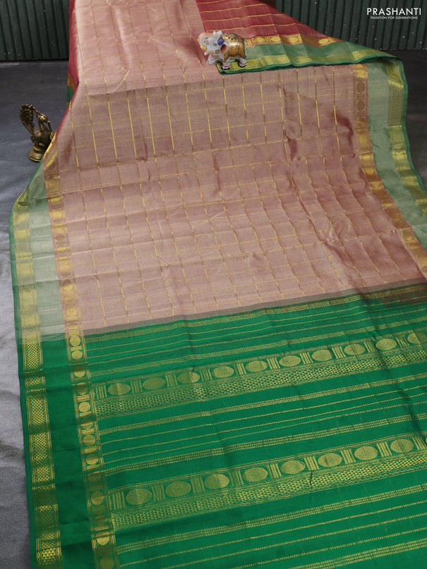 Silk cotton saree pastel brown shade and green with allover zari checked pattern and rettapet zari woven border