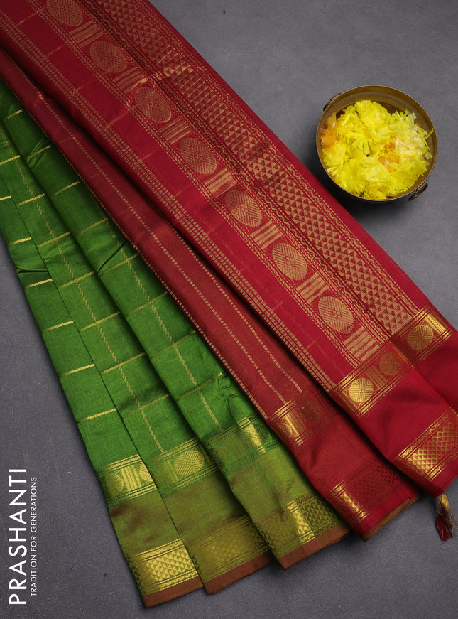 Silk cotton saree mehendi green and maroon with allover zari checked pattern and rettapet zari woven border